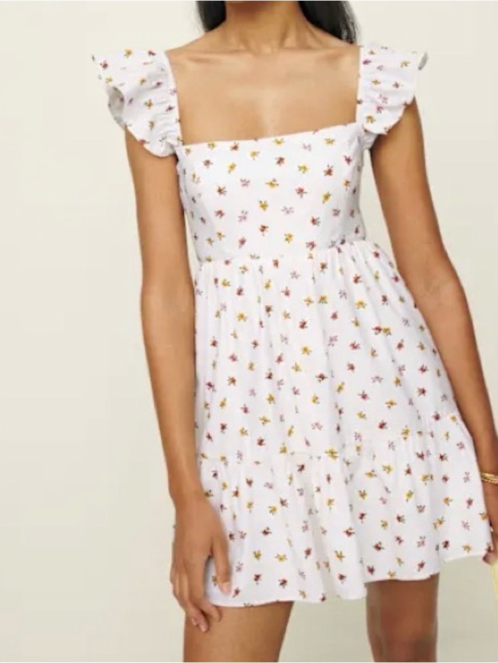 Reformation White Mini Dress with Yellow and Pink Floral Print Jeune size 8